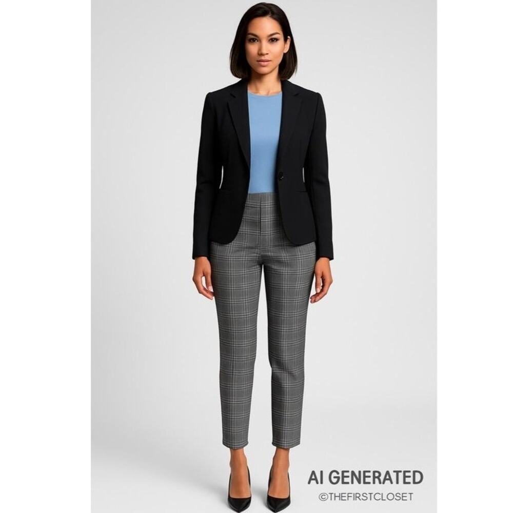 Amanda & Chelsea Grey Plaid‎ Pattern Faux Back Pocket Office Business Pants 10